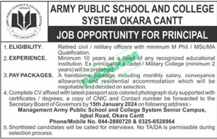 Army Public School and College System Okara Cantt Jobs 2024 Advertisement