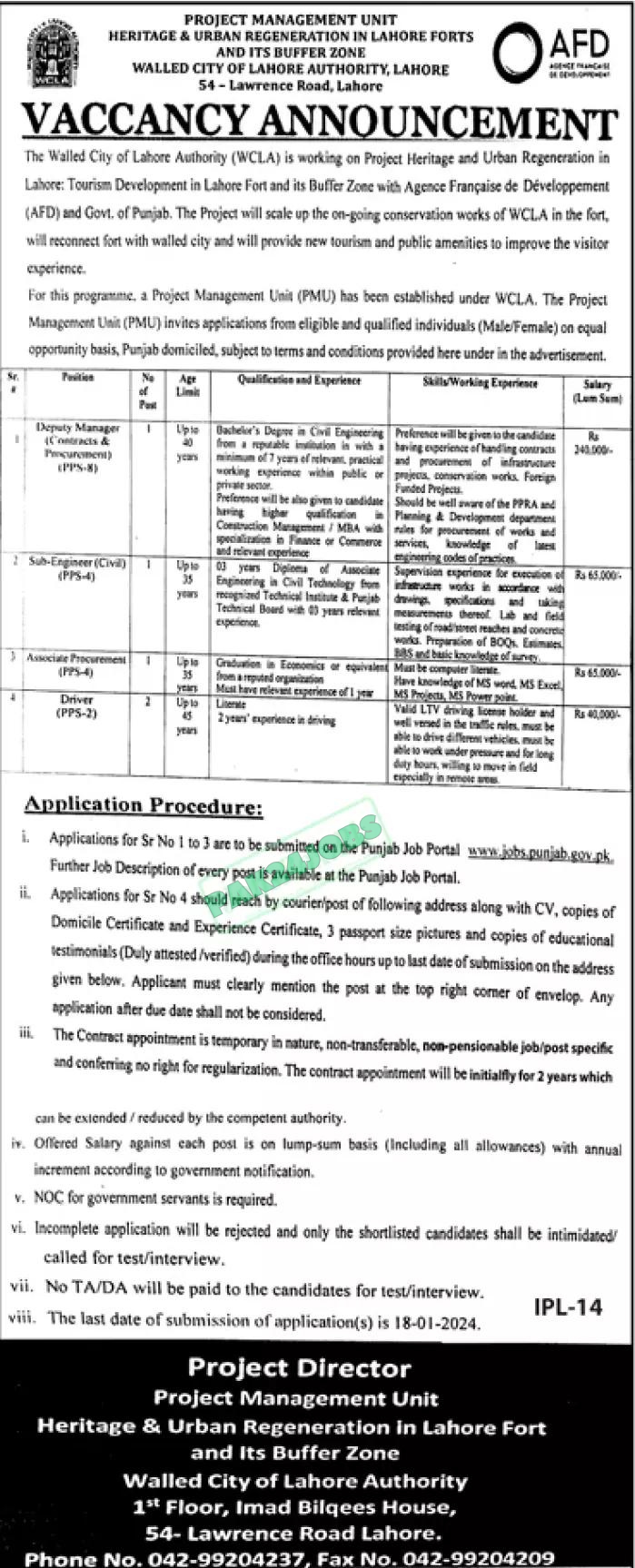 Walled City of Lahore Authority WCLA Jobs 2024 Advertisement