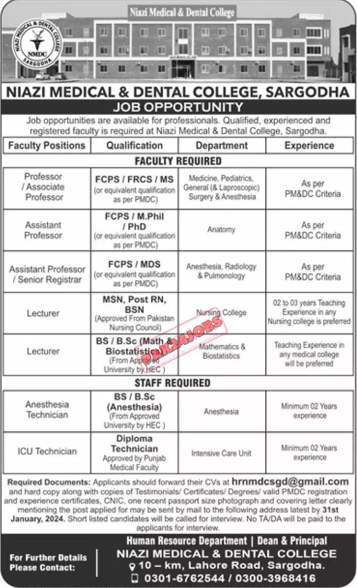 Niazi Medical & Dental College NMDC Sargodha Jobs 2024 Advertisement