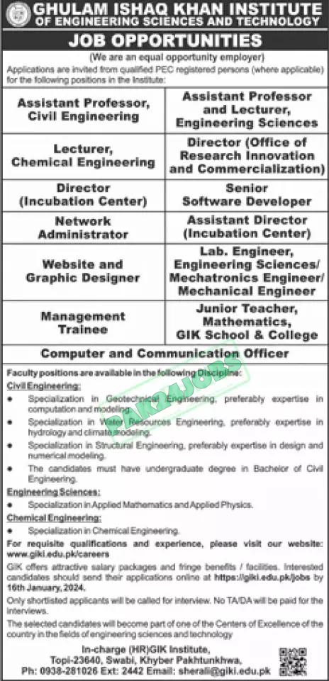 GIK Institute of Engineering Science & Technology Jobs 2024 Advertisement
