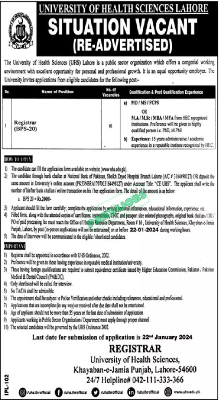 UHS Lahore Jobs 2024 Advertisement